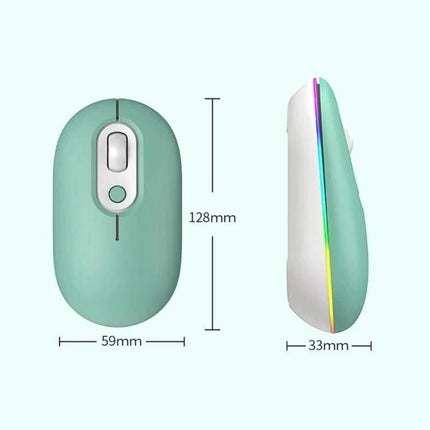 Rechargeable Silent Wireless Mouse with RGB Illumination - mint green compact ergonomic design, 128mm x 59mm x 33mm, silent click, RGB side light