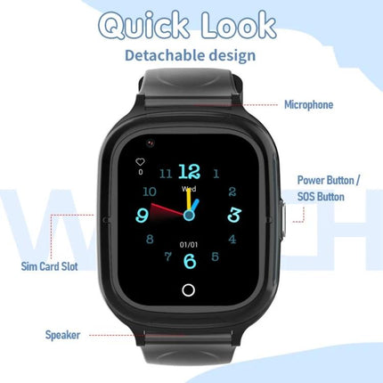 Essential Watch for Monitoring Kids in Everyday Situations - black kids GPS smartwatch showing clock face and labeled features