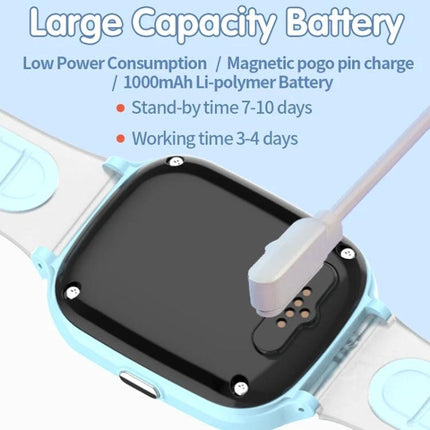 Essential Watch for Monitoring Kids in Everyday Situations showing smartwatch back with magnetic pogo pin charger and large 1000mAh battery info