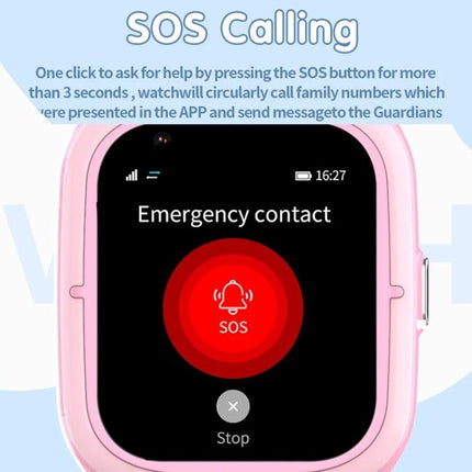 Essential Watch for Monitoring Kids in Everyday Situations - pink kids smartwatch SOS emergency contact screen showing SOS button and GPS tracking