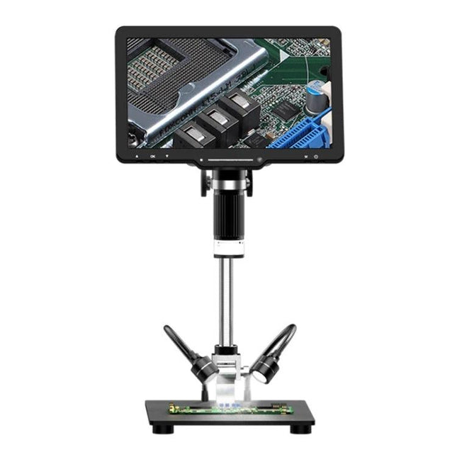 Handheld Digital Microscope for Screen Repair with 10.1 Inch Display showing PCB inspection on 10.1-inch screen, zoom, capture and share features