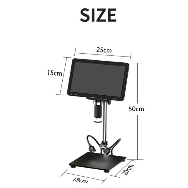Handheld Digital Microscope for Screen Repair with 10.1 Inch Display — 10.1" screen, adjustable 50cm stand, 25x15cm display, 18x20cm base