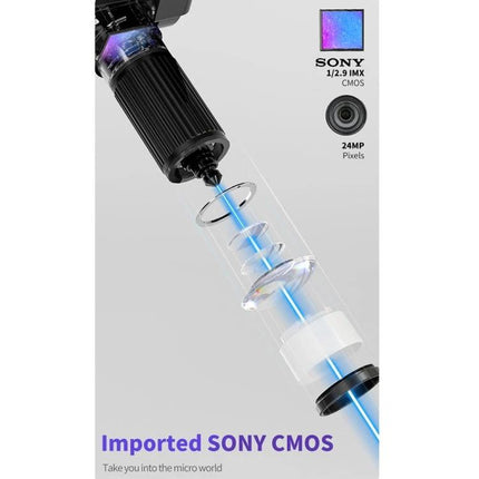 Handheld Digital Microscope for Screen Repair with 10.1 Inch Display showing imported SONY CMOS lens assembly and 24MP sensor