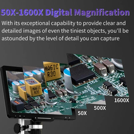 Handheld Digital Microscope for Screen Repair with 10.1 Inch Display showing PCB close-up at 50X, 500X and 1600X magnification
