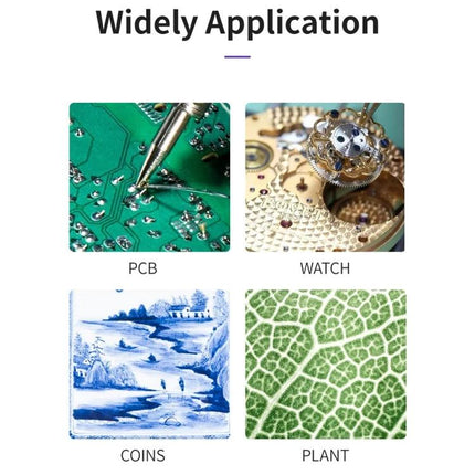 Handheld Digital Microscope for Screen Repair with 10.1 Inch Display showing PCB soldering, watch gears, coins detail and plant leaf texture