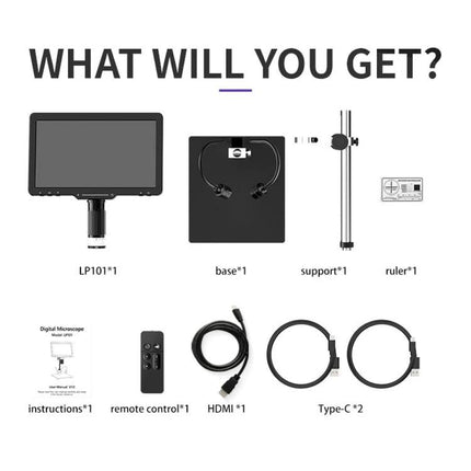 Handheld Digital Microscope for Screen Repair with 10.1 Inch Display - kit with 10.1" IPS screen, base, support, ruler, remote, HDMI and Type-C cables