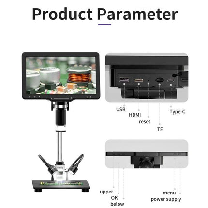 Handheld Digital Microscope for Screen Repair with 10.1 Inch Display showing PCB inspection on 10.1-inch screen with USB, HDMI and Type-C ports