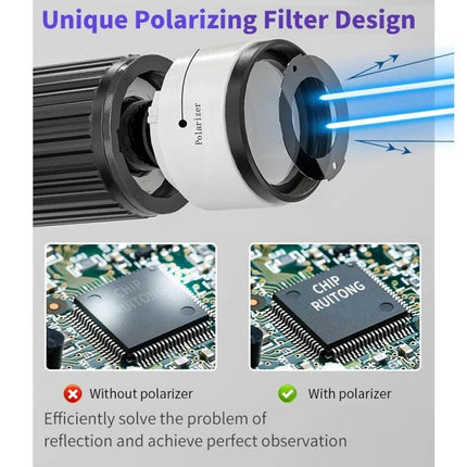 Handheld Digital Microscope for Screen Repair with 10.1 Inch Display showing polarizing filter reducing reflection on PCB chip
