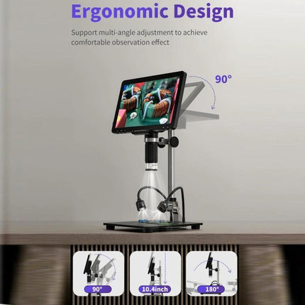 Handheld Digital Microscope for Screen Repair with 10.1 Inch Display ergonomic stand showing 90° angle and 10.1-inch screen for PCB inspection