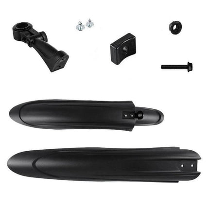 Bike Fender Set For MTB Front And Rear Quick Release Mudguards shown with front and rear black PP plastic mudguards and mounting hardware