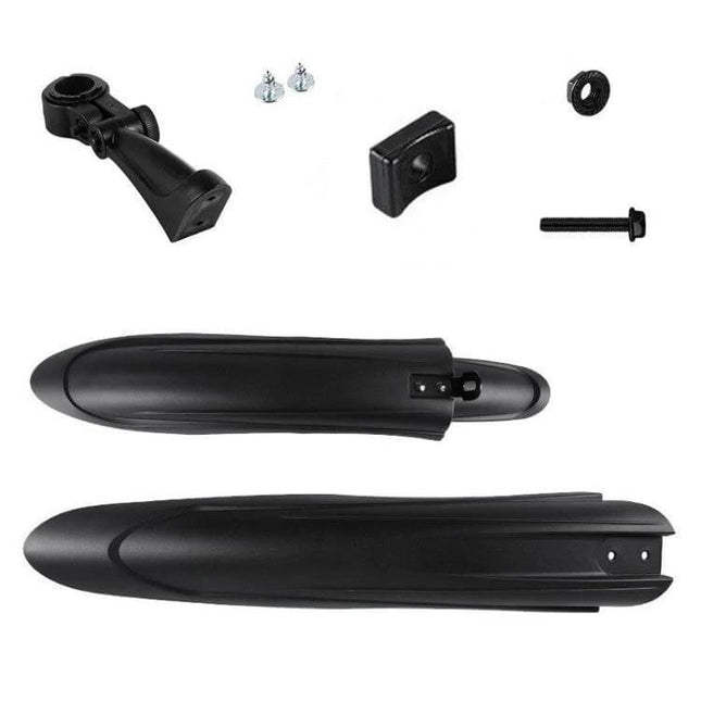 Bike Fender Set For MTB Front And Rear Quick Release Mudguards shown with front and rear black PP plastic mudguards and mounting hardware