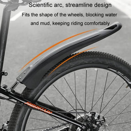Bike Fender Set For MTB Front And Rear Quick Release Mudguards shown installed on 26–29 inch mountain bike rear wheel, black PP plastic mudguard
