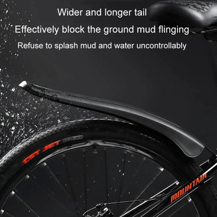 Bike Fender Set For MTB Front And Rear Quick Release Mudguards installed on 26–29 inch mountain bike showing rear mudguard blocking water and mud