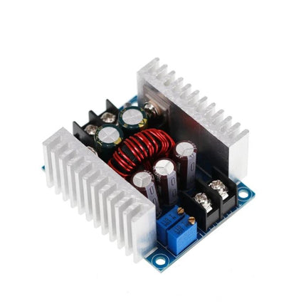 20A 300W Step-Down Power Supply for Battery Charging and LED Use compact module with heatsinks, inductors and capacitors for adjustable DC output