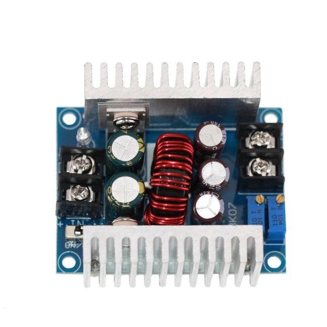 20A 300W Step-Down Power Supply for Battery Charging and LED Use compact module with heatsinks, inductors and capacitors for adjustable 1.2-35V output