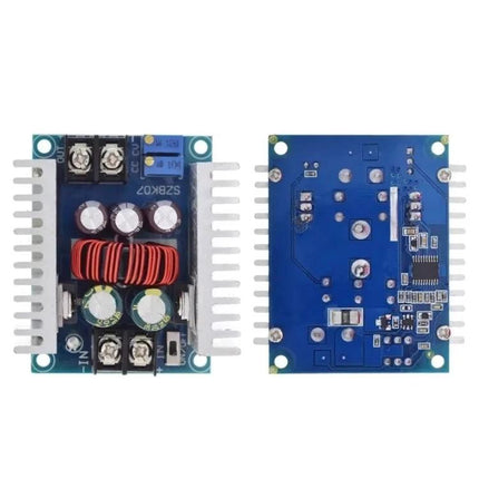20A 300W Step-Down Power Supply for Battery Charging and LED Use front and back PCB with heatsinks, adjustable buck converter module for battery charging and LEDs