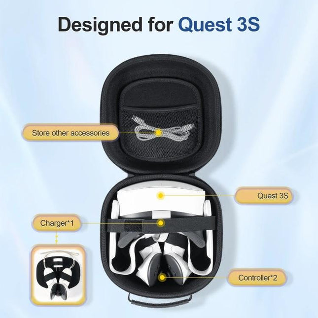 STARTRC GAMES Oxford Cloth Storage Bag for Meta Quest 3S showing open case with Meta Quest 3S headset, controllers and accessories neatly organized