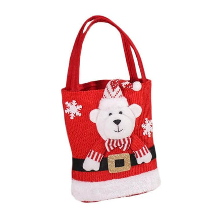 Christmas Gift Bag Large Capacity Tote For Gifts And Decorations red knitted tote with bear, snowflakes, sturdy handles and PP cotton fill for holiday presents