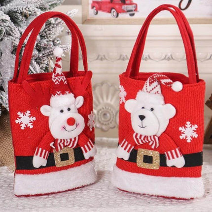 Christmas Gift Bag Large Capacity Tote For Gifts And Decorations - red knitted reusable holiday tote with cartoon bear and reindeer motifs