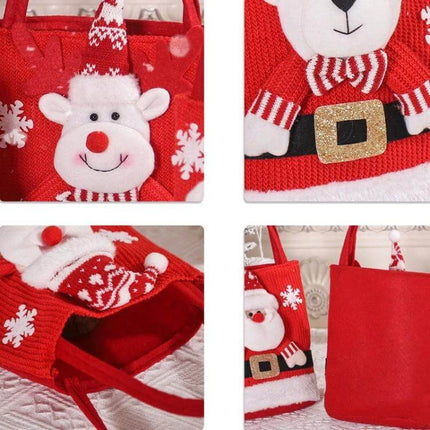 Christmas Gift Bag Large Capacity Tote For Gifts And Decorations red knitted reusable holiday tote with cartoon reindeer and Santa motifs