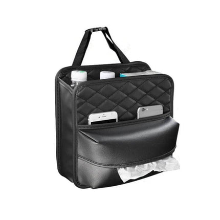 2-In-1 Car Seat Back Storage Tissue Bag For Hanging - black PU leather organizer with pockets for phone, bottles, snacks and tissue dispenser