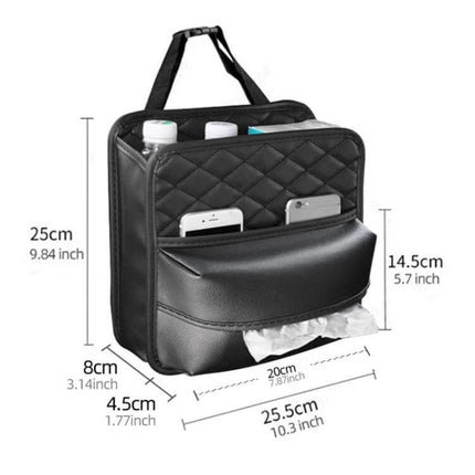 2-In-1 Car Seat Back Storage Tissue Bag For Hanging PU leather organizer with pockets for phone, tissues, snacks and drinks, hangs on car seat back