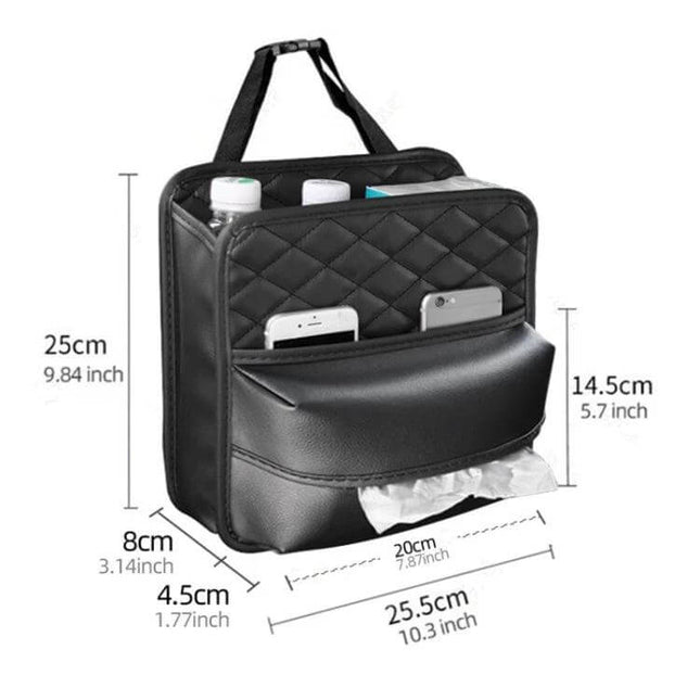 2-In-1 Car Seat Back Storage Tissue Bag For Hanging PU leather organizer with pockets for phone, tissues, snacks and drinks, hangs on car seat back