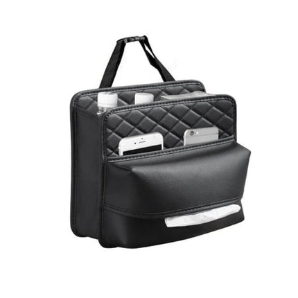 2-In-1 Car Seat Back Storage Tissue Bag For Hanging - black PU leather hanging organizer with phone pockets and tissue dispenser