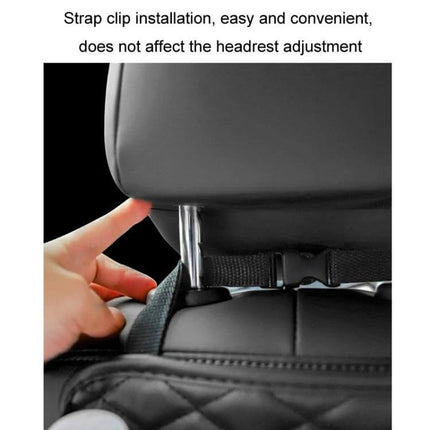 2-In-1 Car Seat Back Storage Tissue Bag For Hanging showing strap clip installation on headrest for easy hanging and access