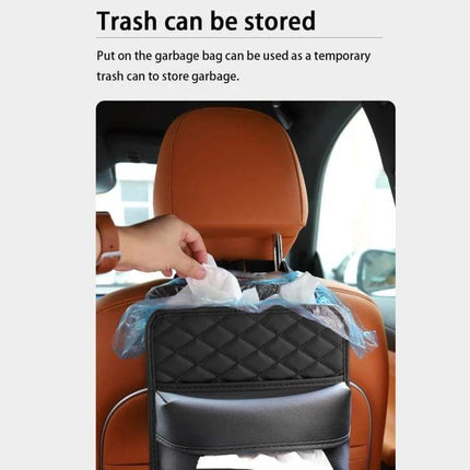 2-In-1 Car Seat Back Storage Tissue Bag For Hanging shown hanging on car seat back used as tissue holder and temporary trash can