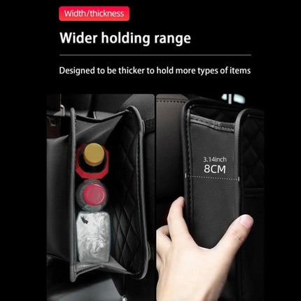 2-In-1 Car Seat Back Storage Tissue Bag For Hanging showing wider holding range, PU leather pocket holding bottles and phone, 8cm thickness measurement