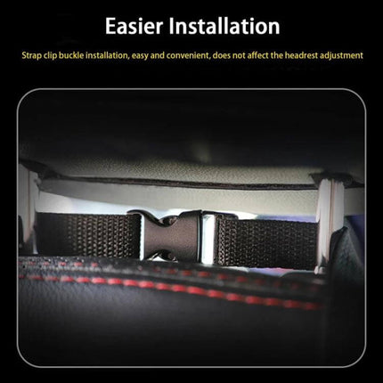2-In-1 Car Seat Back Storage Tissue Bag For Hanging showing strap clip buckle installation on headrest for easy hanging and secure fit