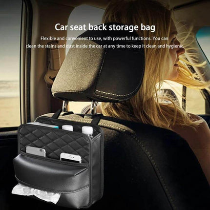 2-In-1 Car Seat Back Storage Tissue Bag For Hanging PU leather hanging organizer on car seat back holding tissues, phone, drinks and snacks