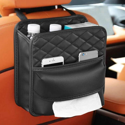 2-In-1 Car Seat Back Storage Tissue Bag For Hanging - black PU leather car seat organizer with tissue dispenser, phone pockets and bottle storage