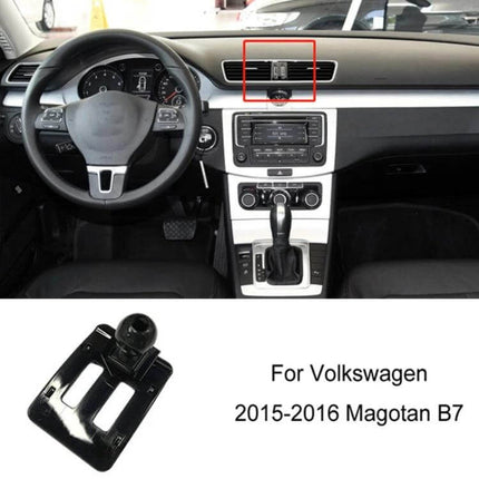 Car Air Outlet Phone Holder Base For Volkswagen Dashboard Mount shown clipped to center air vent of VW Magotan B7 interior, compact secure dashboard mount