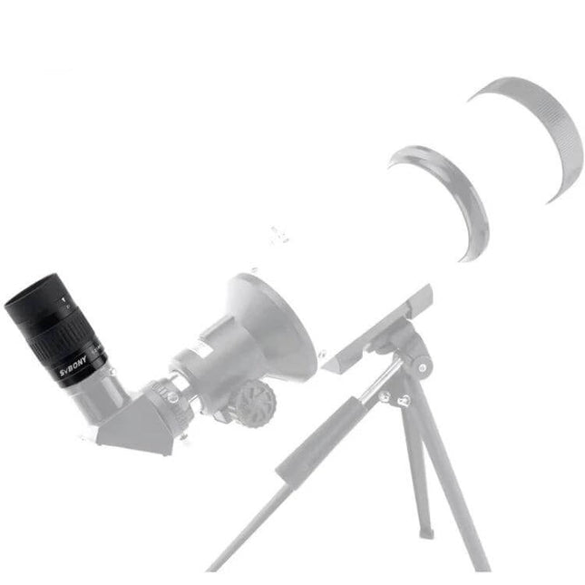 SVBONY 1.25-Inch Zoom Eyepiece 7-21mm For Telescopes mounted on diagonal and tripod showing zoom eyepiece and focus rings
