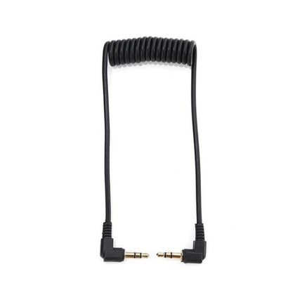 3.5mm Stereo Car Audio Cable with Gold Plated Elbow for Car Stereos - coiled black cable with two gold-plated right-angle 3.5mm connectors