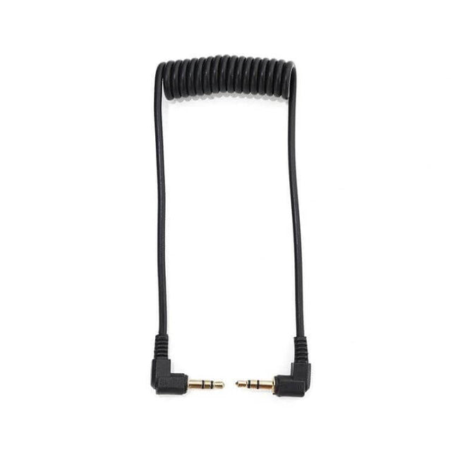 3.5mm Stereo Car Audio Cable with Gold Plated Elbow for Car Stereos - coiled black cable with two gold-plated right-angle 3.5mm connectors