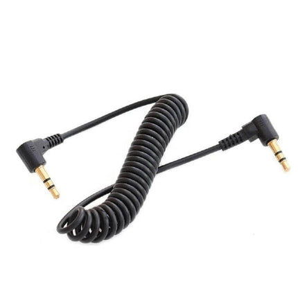 3.5mm Stereo Car Audio Cable with Gold Plated Elbow for Car Stereos — coiled black cable with right-angle gold-plated connectors for tight car stereo fit