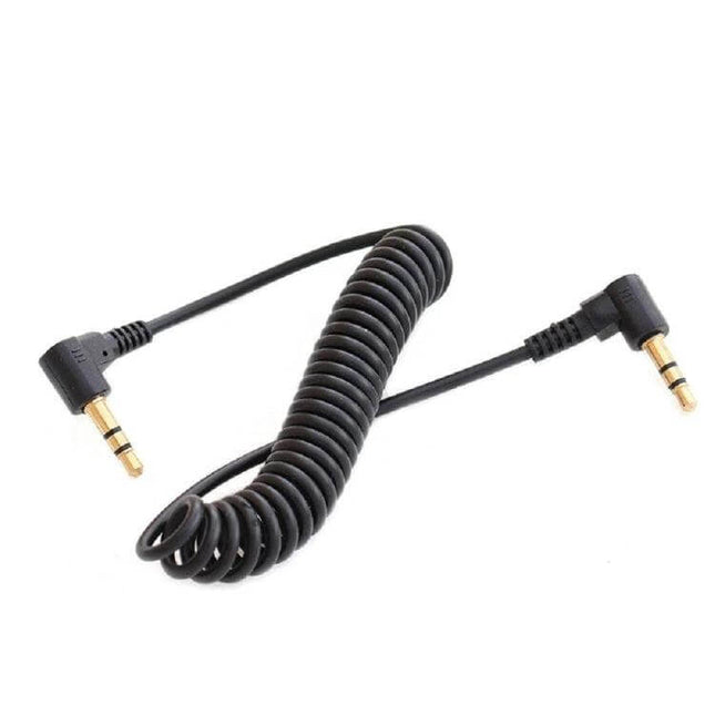 3.5mm Stereo Car Audio Cable with Gold Plated Elbow for Car Stereos — coiled black cable with right-angle gold-plated connectors for tight car stereo fit