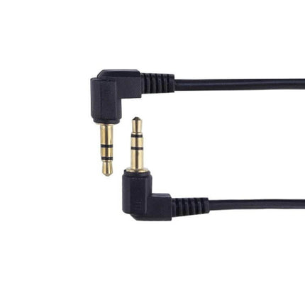 3.5mm Stereo Car Audio Cable with Gold Plated Elbow for Car Stereos showing gold-plated right-angle connectors and durable black cable