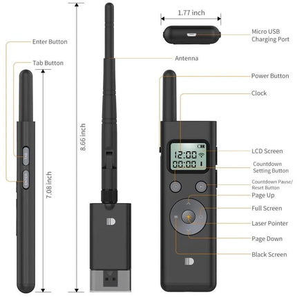 Doosl Long Distance Laser Page Turner for Presentations shown with antenna, USB receiver, LCD timer, laser pointer and labeled buttons