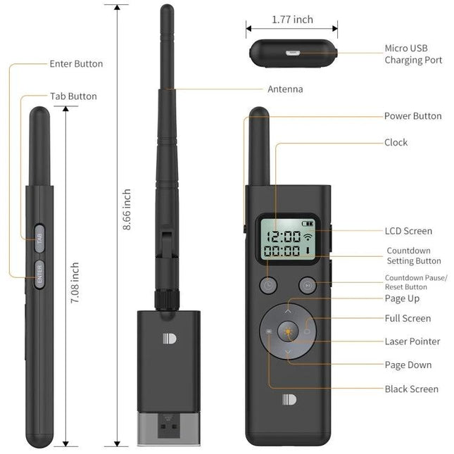 Doosl Long Distance Laser Page Turner for Presentations shown with antenna, USB receiver, LCD timer, laser pointer and labeled buttons