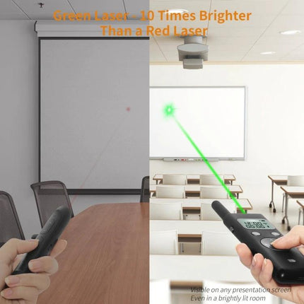 Doosl Long Distance Laser Page Turner for Presentations handheld remote with bright green laser pointing at classroom screen, 300m RF control