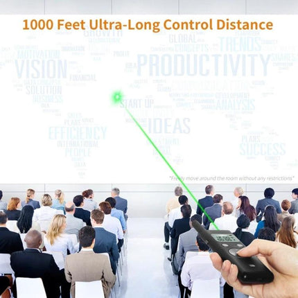 Doosl Long Distance Laser Page Turner for Presentations being used to advance slides and point at screen from 300 meters in a large conference hall