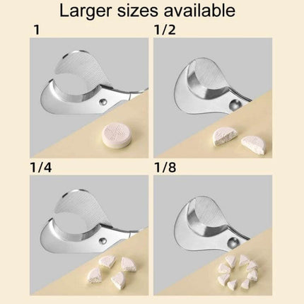 Portable Pill Cutter With Stainless Steel Blades, Oval Handle showing 1, 1/2, 1/4, 1/8 pill cuts with stainless steel blades and sample tablet pieces