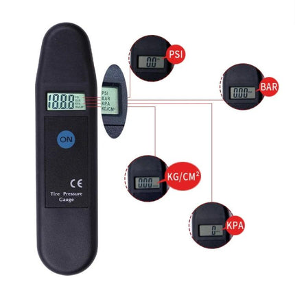 Tire Pressure Gauge for Everyday Vehicle Maintenance and Safety - digital handheld gauge displaying PSI, BAR, KPA and KG/CM² units