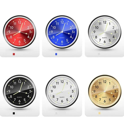 An Essential Luminous Clock for Everyday Car Drives - six compact luminous car clocks in red, blue, white, black, silver, and gold for dashboard mounting