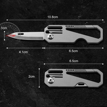 Titanium Keychain Folding Knife With Titanium Ring For Everyday Carry compact titanium alloy folding knife shown unfolded and folded with dimensions and carabiner ring