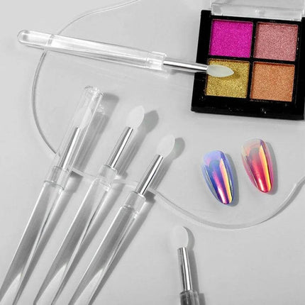 Nail Art Silicone Applicator Sticks 2-Pack For Powder And Eyeshadow showing silicone tip applicators with eyeshadow palette and chrome nail samples